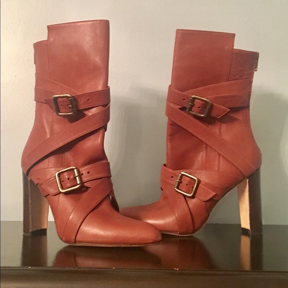 **SOLD**  MANOLO BLAHNIK rust booties with straps!